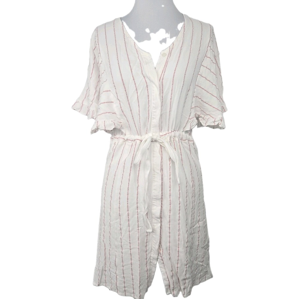 FRNCH Paris S/M Mini Dress White Woven Red Stripe Drawstring Hidden Button Front